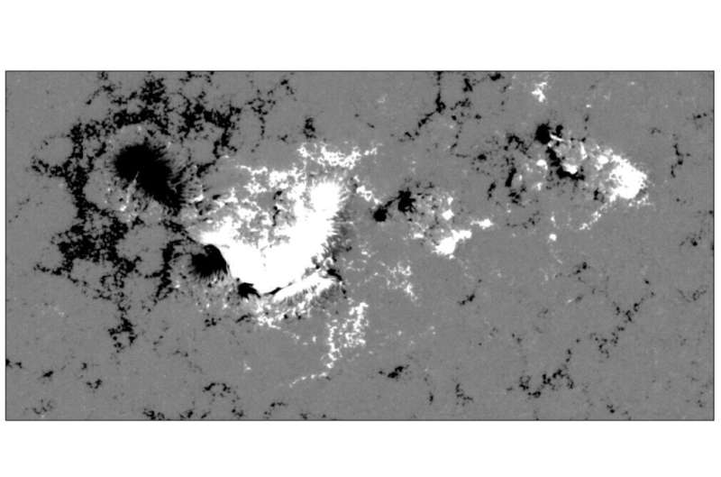 Helioseismic and Magnetic Imager (HMI) image of the big sunspot that occurred on 5 May 2024, in magnetic field. Credit: NASA/SDO and HMI science team Early riser! The Sun is already starting its next solar cycle—despite being halfway through its current one