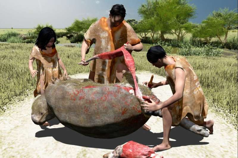 3D rendering of the probable butchery event according to a paleoartistic reconstruction. The illustration was made by modeling three-dimensional meshes, 3D digital scanning, and texturing by projection, based on the proportions of the excavated fossil materials and the results obtained in the study. Credit: Damián Voglino, Museo de Ciencias Naturales A. Scasso (Colegio Don Bosco), San Nicolás de los Arroyos, Provincia de Buenos Aires, CC-BY 4.0 (creativecommons.org/licenses/by/4.0/) Evidence for butchery of giant armadillo-like mammals in Argentina 21,000 years ago