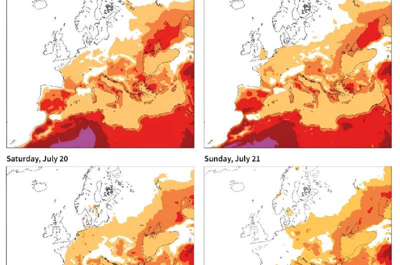 Map of Europe and the Mediterranean region showing temperature trends at 1500 GMT from July 18 to 21, based on ECMWF forecasts as of July 18 at 0000 GMT. Heatwave in southern Europe